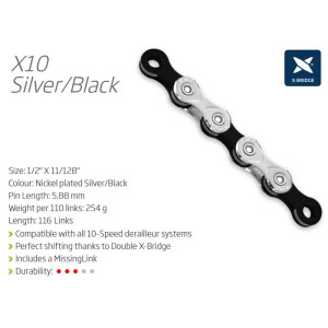 CHAIN - 10 Speed - KMC X10 - 116L - SILVER/BLACK - X-Series - w/Connect Link
