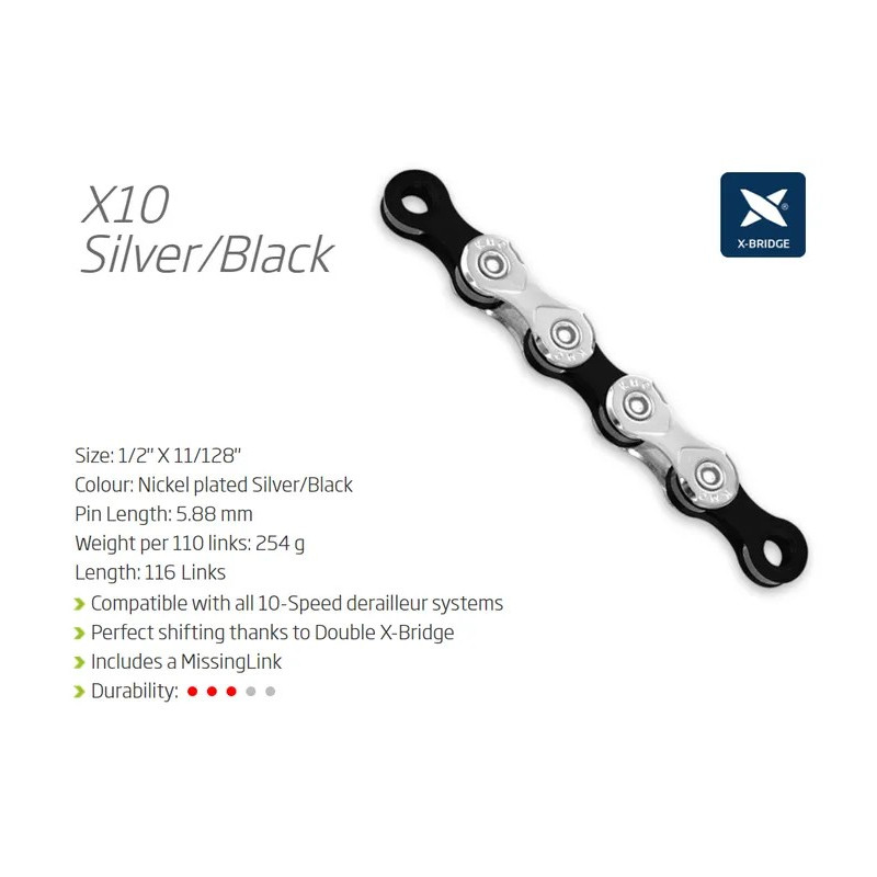 CHAIN - 10 Speed - KMC X10 - 116L - SILVER/BLACK - X-Series - w/Connect Link
